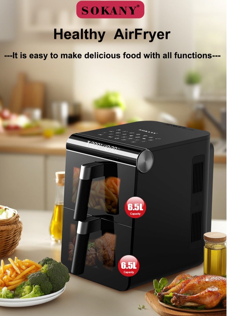 Compare Doublelayer air fryer 3400 watts, 12 presets, 6.5liter + 6.5liter air fryer capacity, information display screen and touch panel, up to 60minute timer, 5060 Hertz frequency, multifunctional cooking function at KSA Price