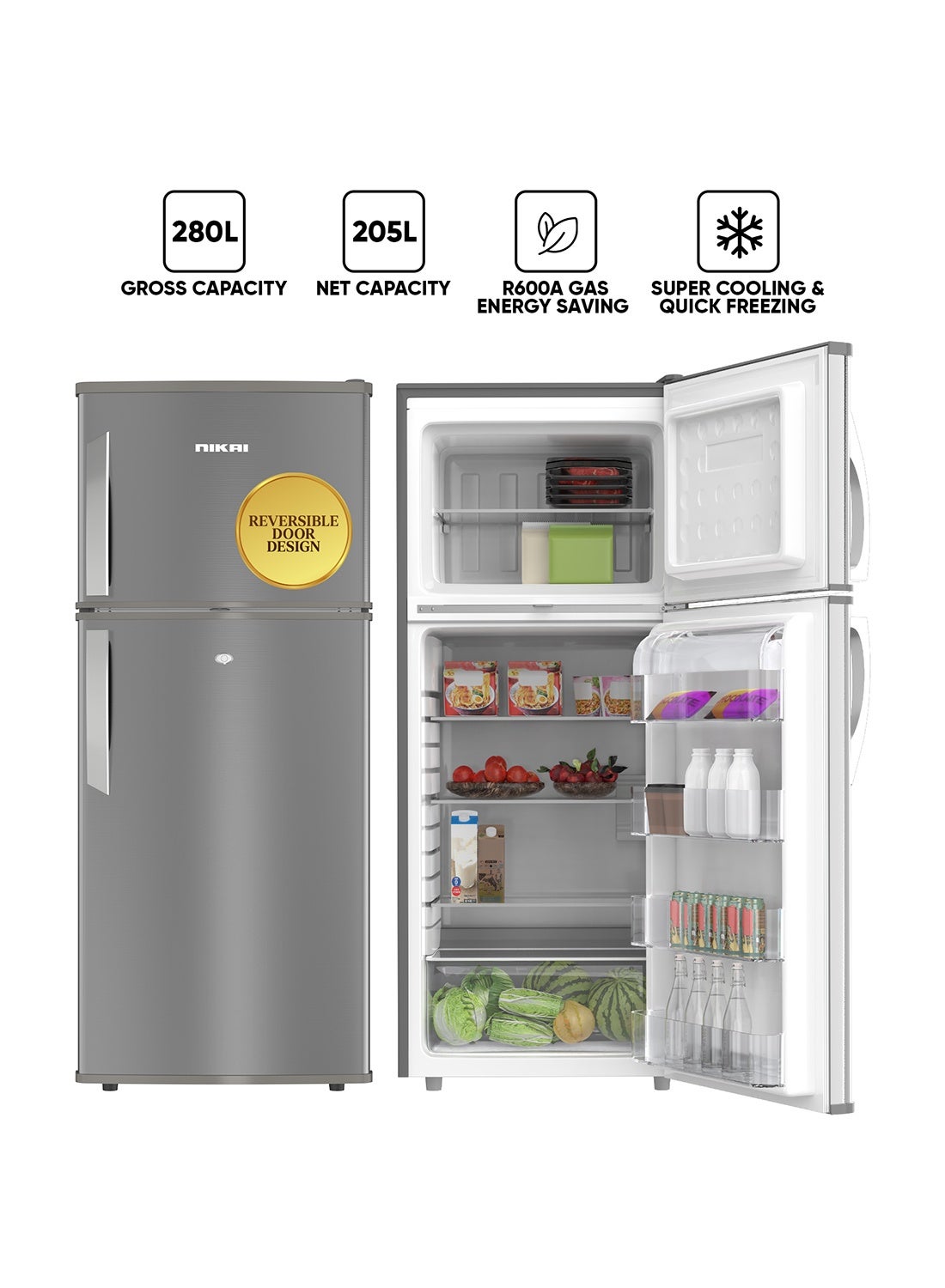 Compare NIKAI Fridge 280L Gross  205L Net, Double Door Top Mount Refrigerator, 2 Glass Shelves & Bottle Storage Racks, Power Saving R600A Gas, CFC Free, Silent Operation Best for Home, Pantry, Office  NRF280DN5S  Silver 280 L 215 kW NRF280DN5S Dark Grey at KSA Price