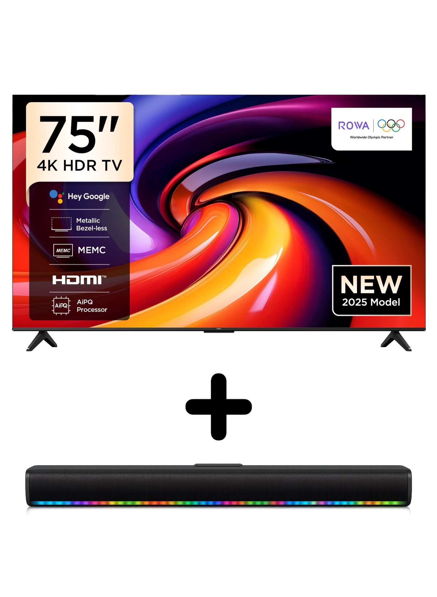 Compare ROWA 75‑Inch R55 4K Ultra HD Google Smart TV + 2.0 Channel Soundbar Home Entertainment Bundle | 75 Inch HDR Smart TV With HDR 10, Dolby Audio, MEMC, Game Master International Version 75R55+SOUNDBAR Black at KSA Price