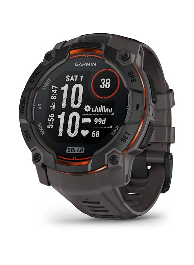 Compare Instinct 3 Solar  50MM  Black With Charcoal Silicone Band Black  Up to 40 Days of  Battery life in Solar Charging   1.1 Sunlightvisible, transflective memoryinpixel MIP, Power Glass, Heart Rate Monitor, All day stress monitor, Solar charging, Super bright LED flashlight, iOS and Android compatible Black at KSA Price