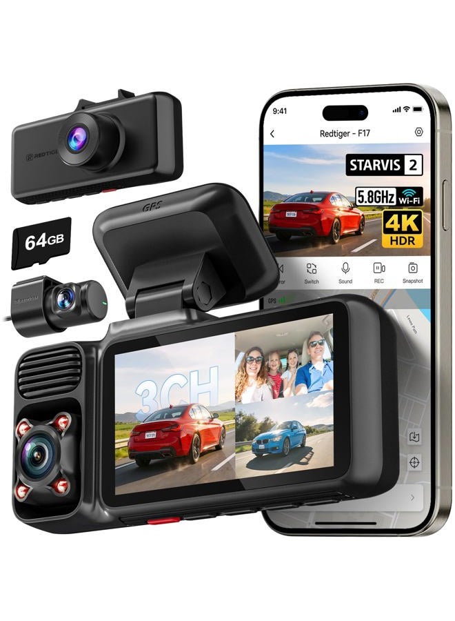 Compare 4K 3 Channel Dash Cam Car 5G WiFi GPS, Free 64GB Map, 2160P + 1080P + 1080P Front Rear and Indoor, Loop Recording, Triple Car Camera with 3 Inch Screen, IR Night Vision, Parking Mode at KSA Price