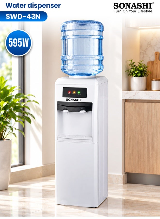 Compare Water Dispenser  Top Loading with 2 Taps Hot & Cold  | Floor Standing Model with Compressor Cooling, Refrigerator | Touch Control with LED Light Indicator | Perfect for Home and Office SWD43N White at KSA Price