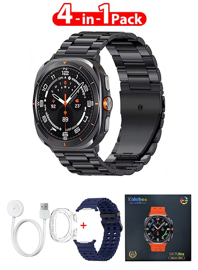 Compare SK7 Ultra Smartwatch Bundle With Accessories Including 1 Black Stainless Steel Band 1 Midnight Blue Silicone Band a Charging Cable and a TPU Case Protector at KSA Price