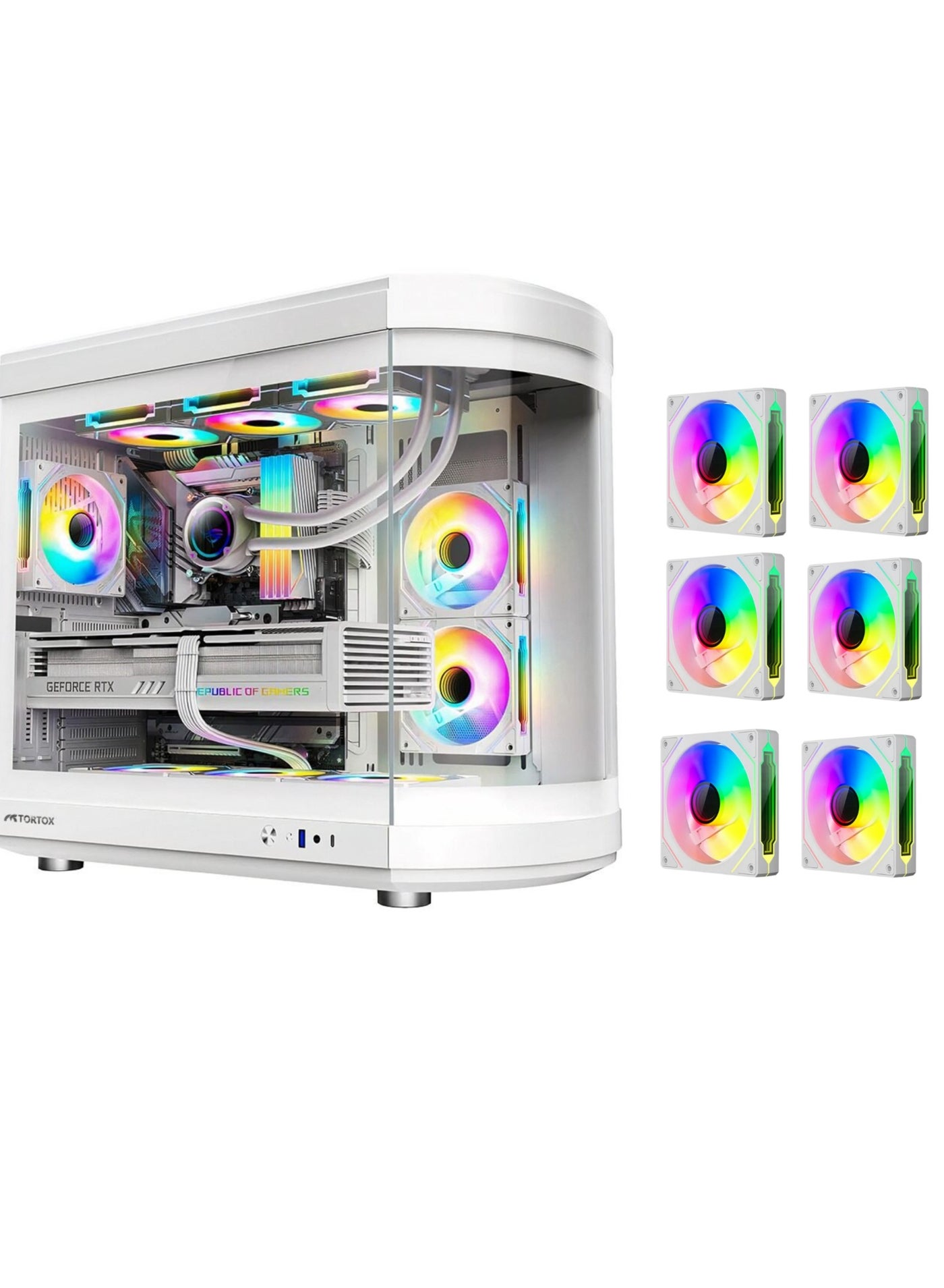 Compare Tortox Vidrio Curved Tempered Glass ATXMATXMiniITX Gaming PC Case, 6 ARGB PWM Fans PreInstalled, TypeC USB Port, 360mm Radiator Support, Excellent Airflow at KSA Price
