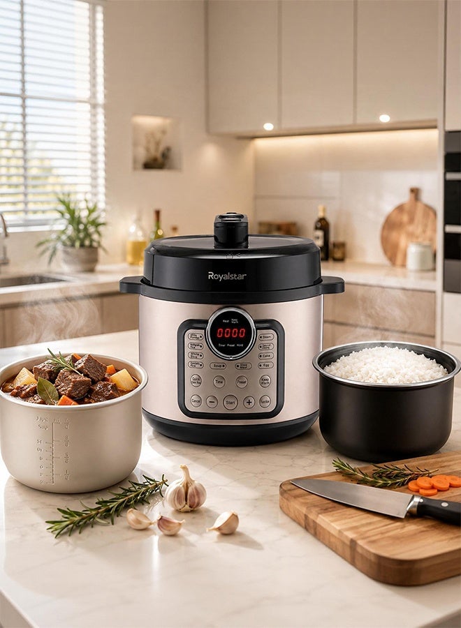 Compare 6L Electric Pressure Cooker with Titanium and Enamel Interchangeable Inner Pots, 1000W Smart Multicooker, 15 One Touch Presets, 8 Minute Fast Rice Cooking for Busy Home Kitchen Meals at KSA Price