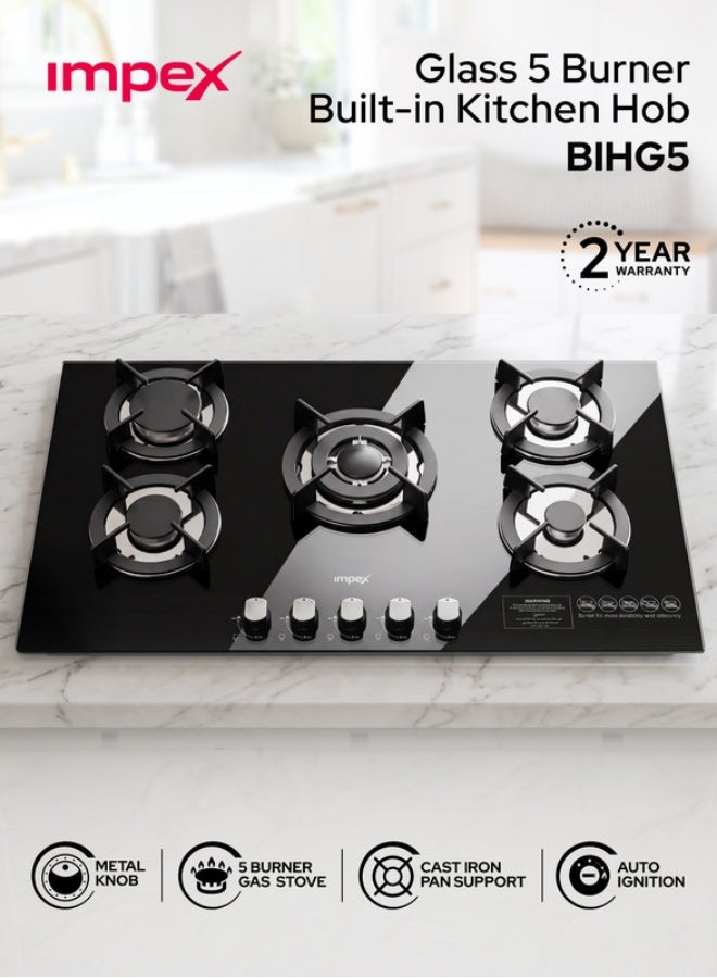 Built-in 5 Burner Glass Gas Hob, Sabaf Burners,…