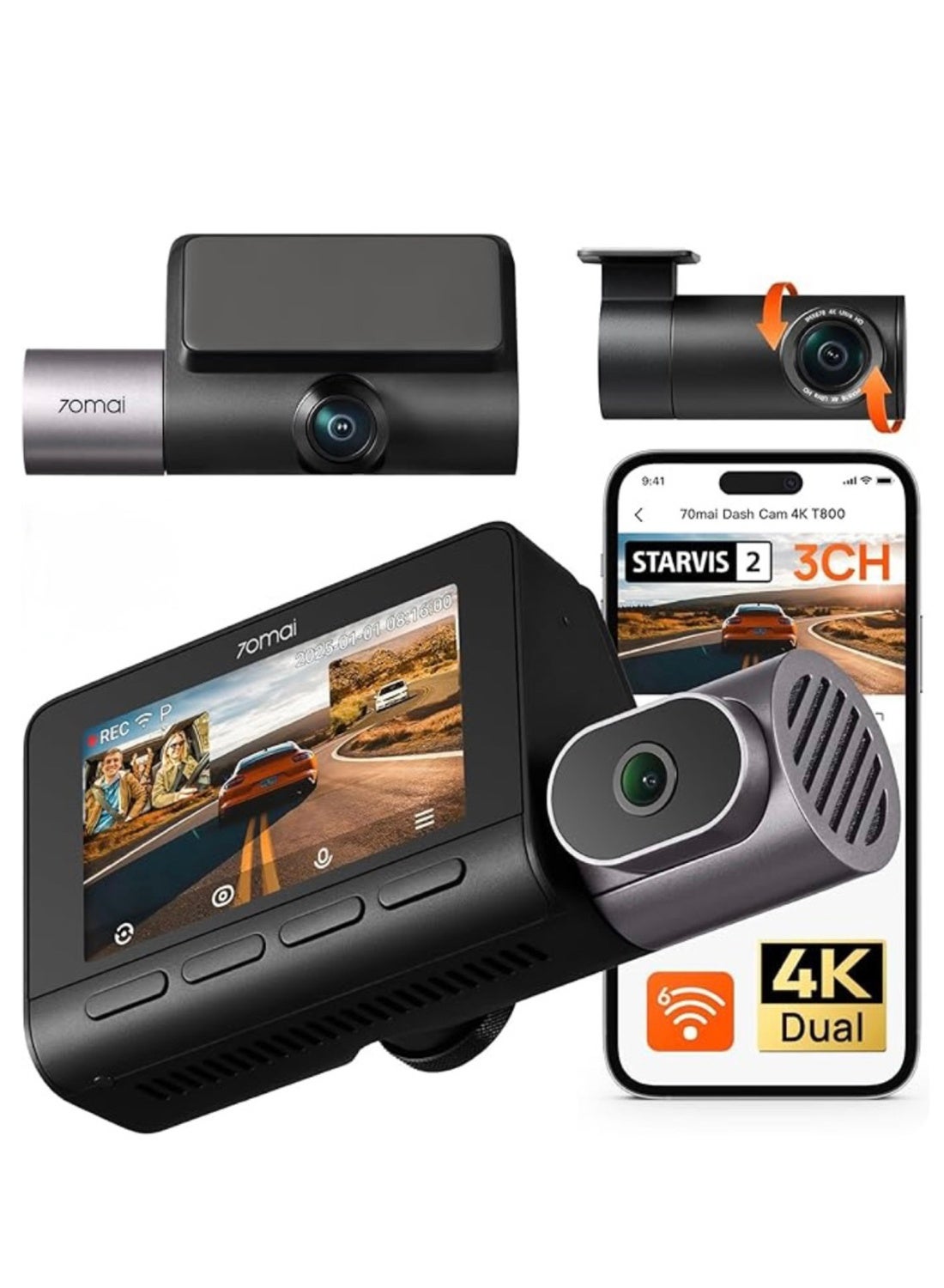 70mai 4K 3 Channel Dash Cam T800-2, Car…