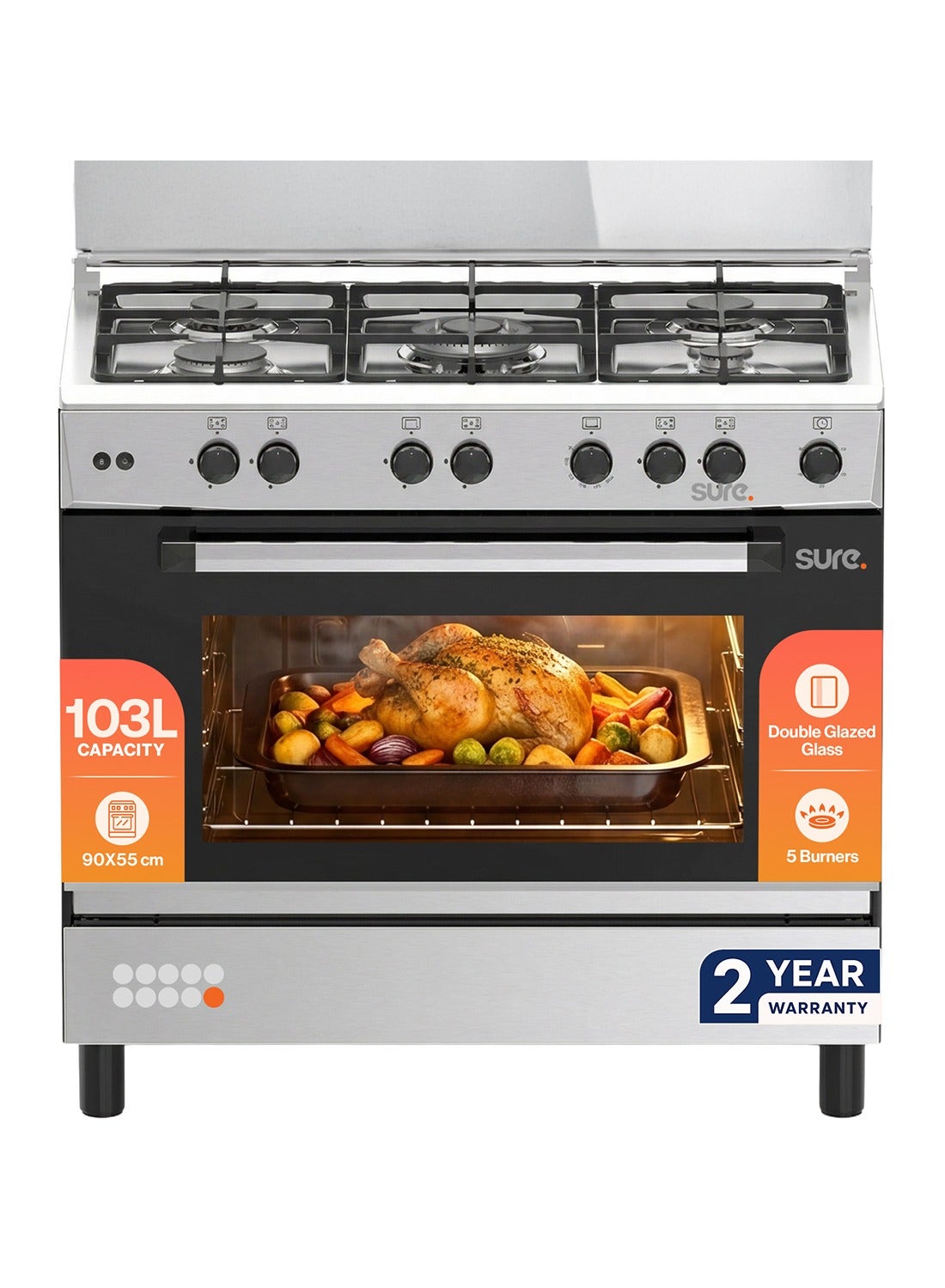 Compare SURE 90x55cm 5 Burner Freestanding Gas Cooker with 103L Gas Oven, Cast Iron Pan Supports, Full Safety Features, Thermostat Control, Double Glazed Oven Door, Inox Finish  GCF90 5 GCF90 Inox Finish at KSA Price