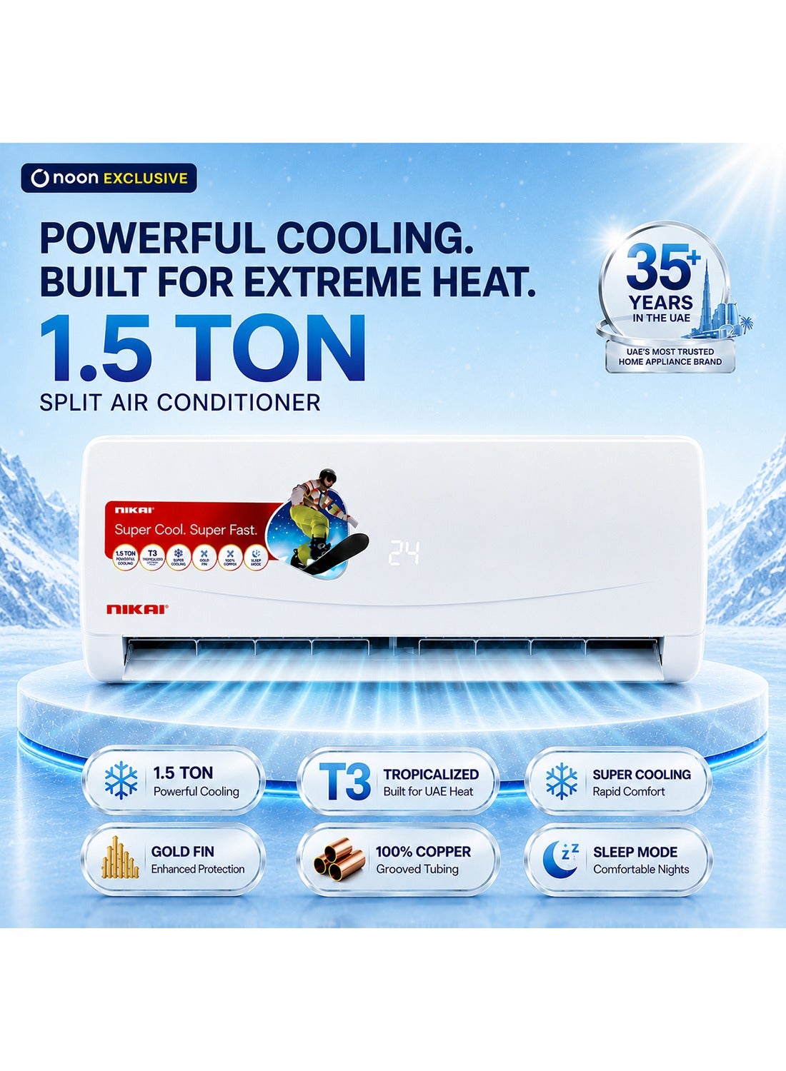 Compare Nikai 1.5 Ton Split Air Conditioner with Rotary Compressor, Cool Only | T3 Tropicalized Compressor | Gold Fin Condenser | Copper Grooved Tubing | Super Cooling | Sleep Mode | Remote Control  NSAC19131 1826 W NSAC19131 white at KSA Price