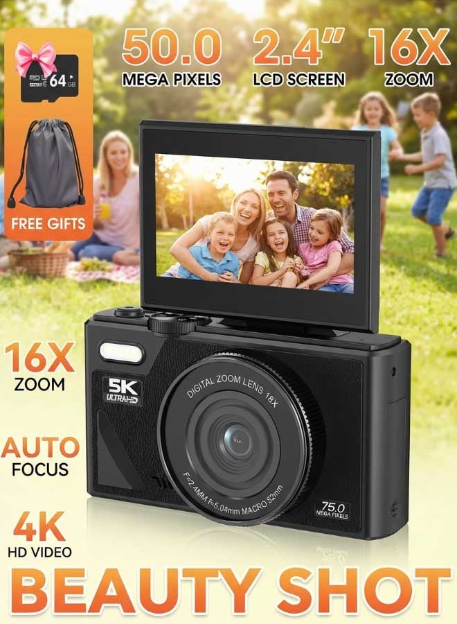 Compare Digital Camera,5K Vlogging Camera with 64GB SD Card, 75MP Point and shoot Camera, 18X Zoom, Camera for Photography and Video, kids Camera with 3 Flip Screen?for Boys & Girls Black at KSA Price