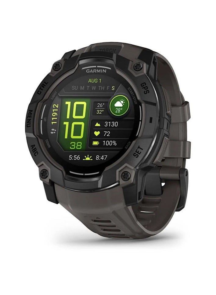 Compare Instinct 3  50MM  Black with Charcoal Band  Up to 24 Days of  Battery life   1.3 Amoled Display, Chemically strengthened glass, Heart Rate Monitor, All day stress monitor, Smart notification, Super bright LED  at KSA Price