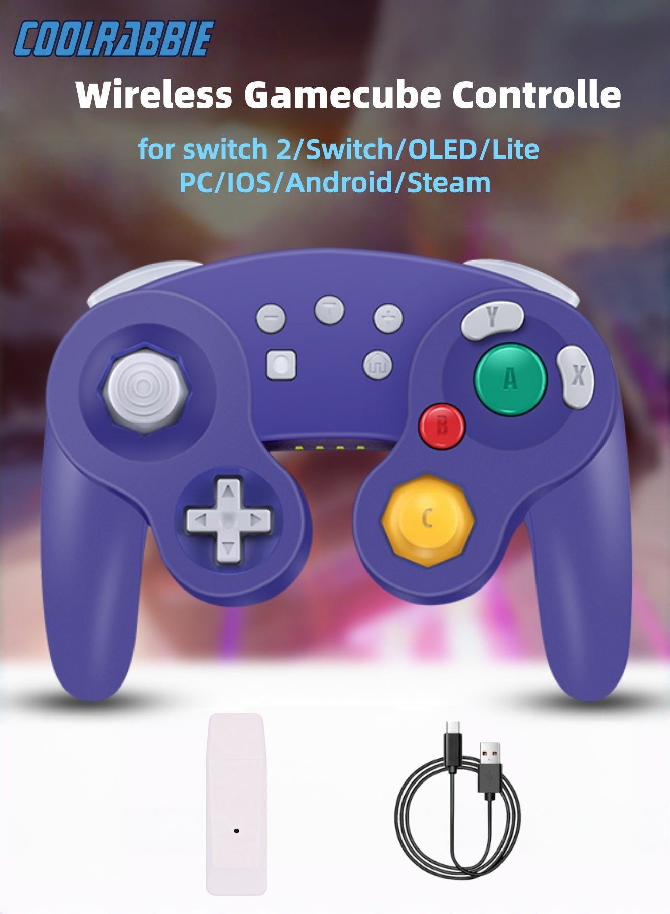 Compare CoolRabbie GameCube Style Switch Pro Game Controller for Nintendo Switch 2SwitchLiteOLEDPCiOSAndroid, Gaming NGC Gamepad with 2.4G Adapter,OneButton Wake Up, 4Level Vibration,6Axis Gyro Motion, Turbo & Auto Turbo, Screenshot Function  Purple at KSA Price