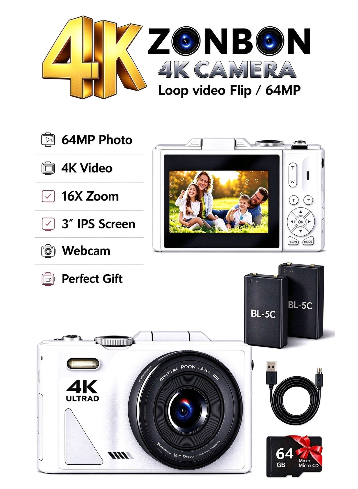 Compare Digital Camera, 4K Cameras Digital with 64GB SD Card, 64MP Digital Cameras for Photography, Vlogging Camera for Video Cameras Compact Cameras with 18X Zoom, Travel Camaras with 3 180° Flip Screen, 2 Batteries at KSA Price