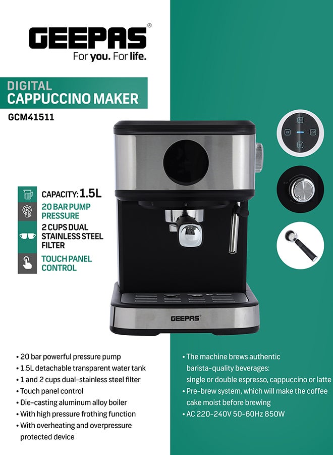 Compare Digital Cappuccino & Espresso Maker  1.5L, 20 Bar High Pressure | Dual Filter & Detachable Tank | Sleek SpaceSaving Design with Overheat Protection & 2Year Warranty 1.5 L 850 W GCM41511 Black at KSA Price