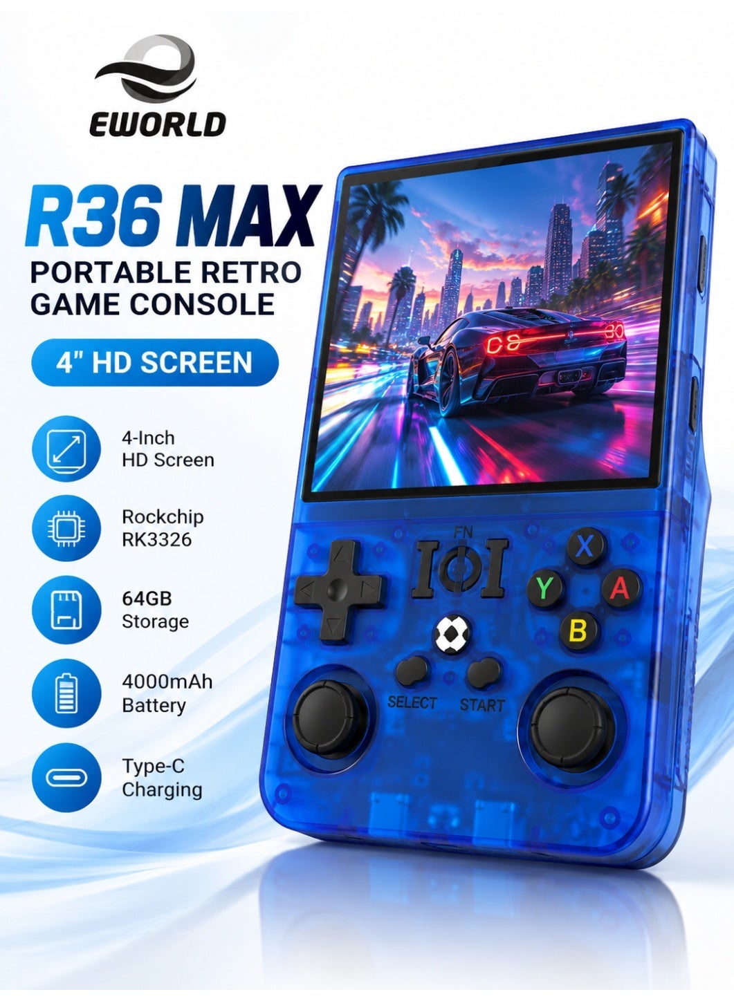 Compare R36 Max Portable Retro Handheld Game Console, 4Inch 720×720 Display, Rockchip RK3326 Processor, MaliG31MP2 GPU, 64GB Storage, 1GB RAM, 4000mAh Rechargeable Battery, TypeC & TypeC OTG Support, Portable Classic Gaming Console at KSA Price