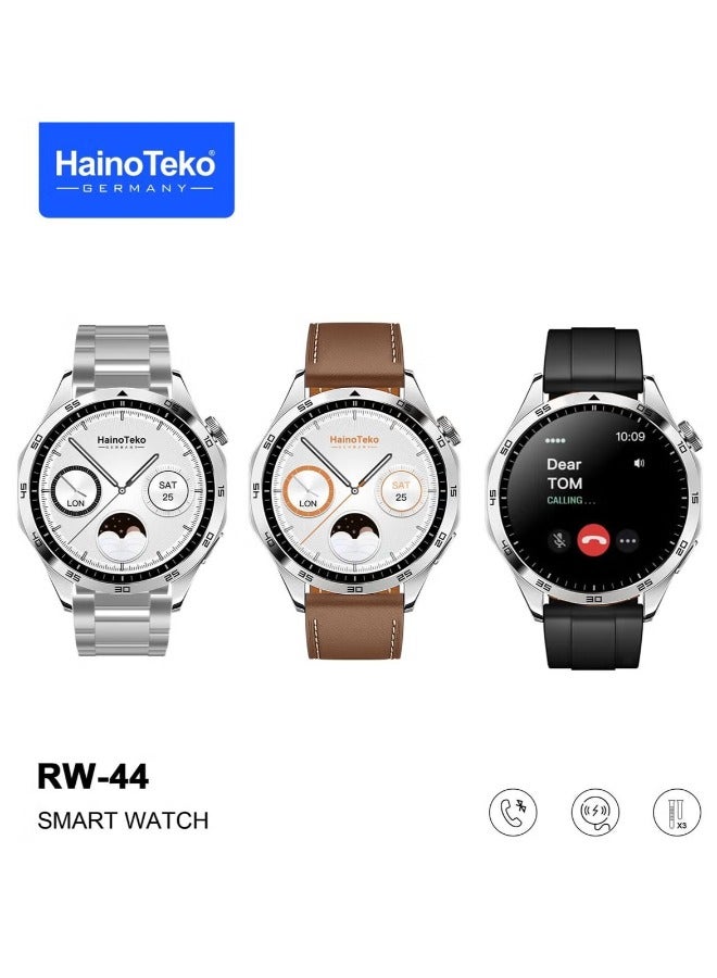 Compare Haino Teko Germany RW44 Round Screen AMOLED Display Smart Watch With 3 Pair Straps and Wireless Charger For Gents and Boys Silver at KSA Price