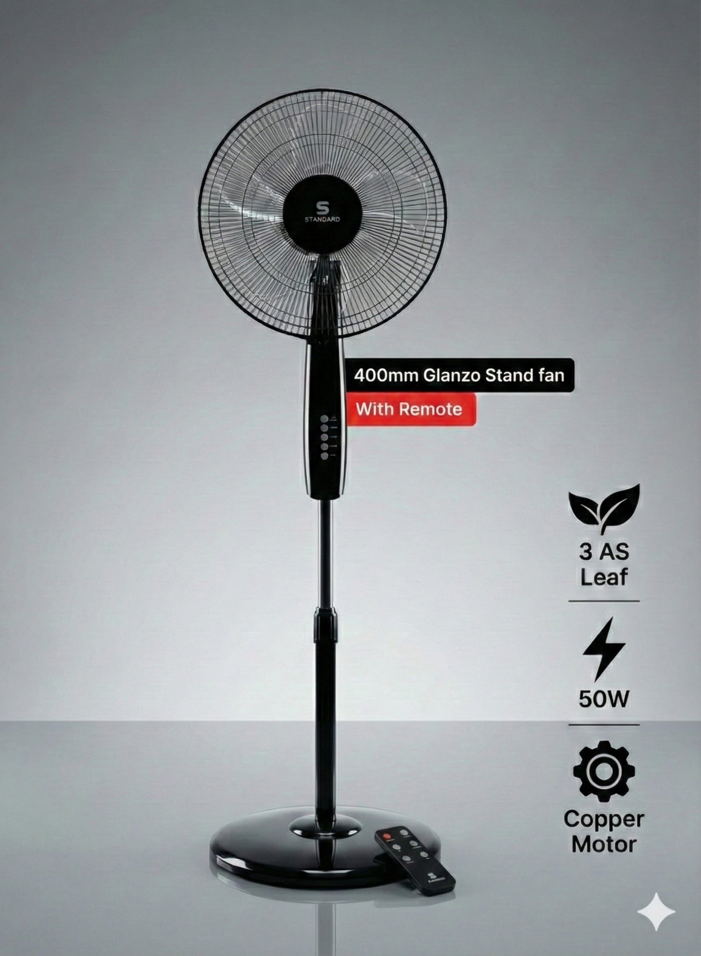 Compare STANDARD 16 STAND FAN  Glanzo Pedestal with Remote Control | 50W Copper Motor, 3 AS Blades, Black | Model FOSGZBLK16121 at KSA Price