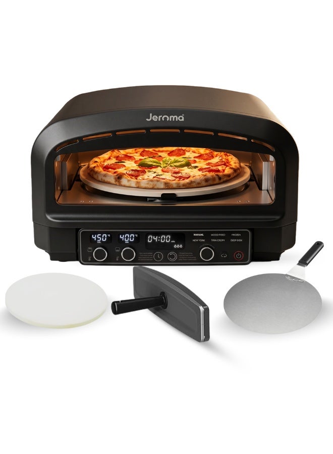 Compare Jeroma Rotaro Electric Rotating Pizza Oven, MultiFunction Cooker and Bread Maker with 450°C Heat, Rotating Stone, Stainless Steel Countertop Design for Home Kitchen at KSA Price