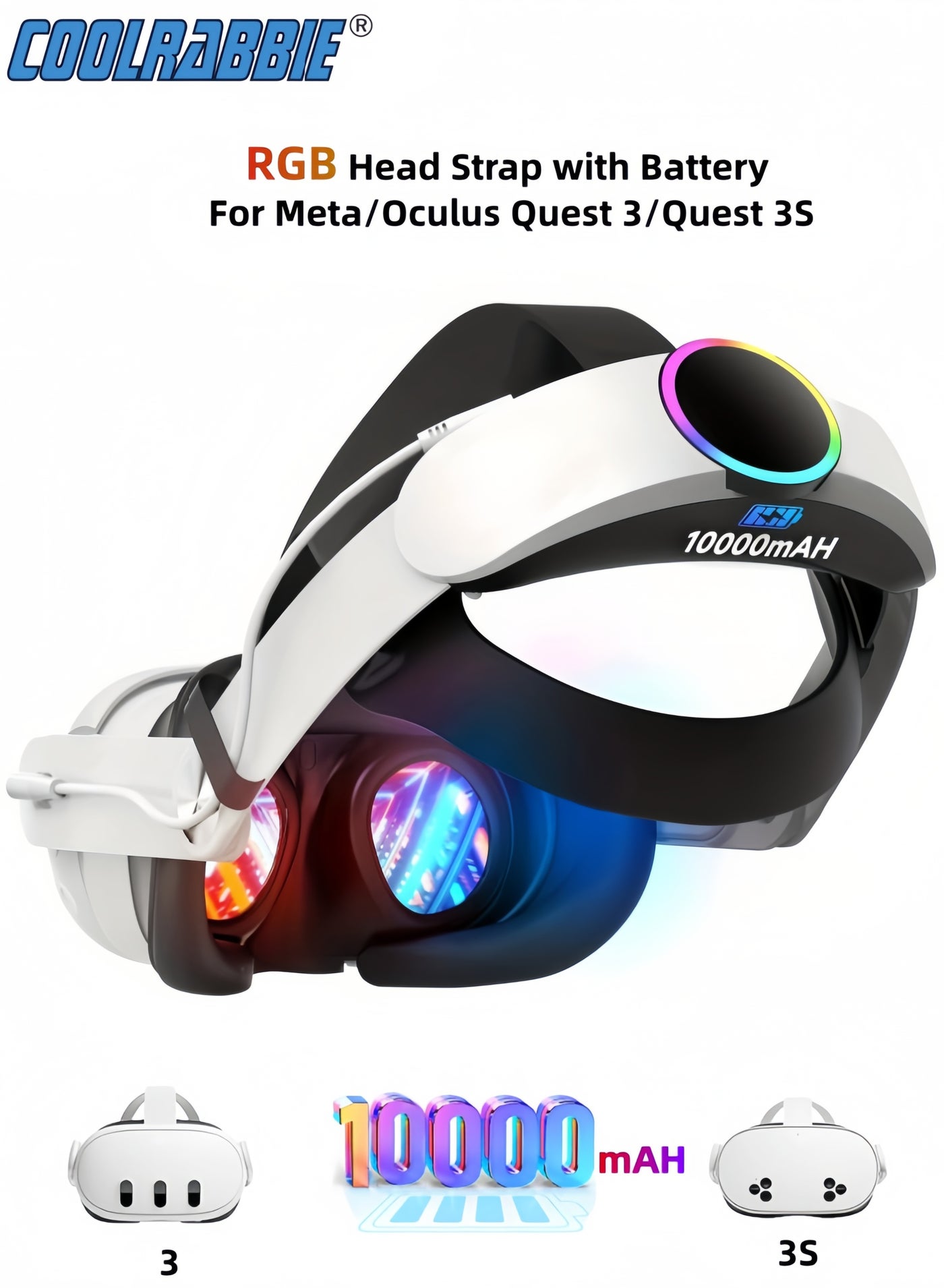 Compare RGB Head Strap with Battery for MetaOculus Quest 3Quest 3S, 10000mAh Battery Pack for Extended 8H of Playtime, Fast Charging VR Power, Adjustable Elite Strap Replacement VR Accessories Enhanced Support and Balance in V at KSA Price