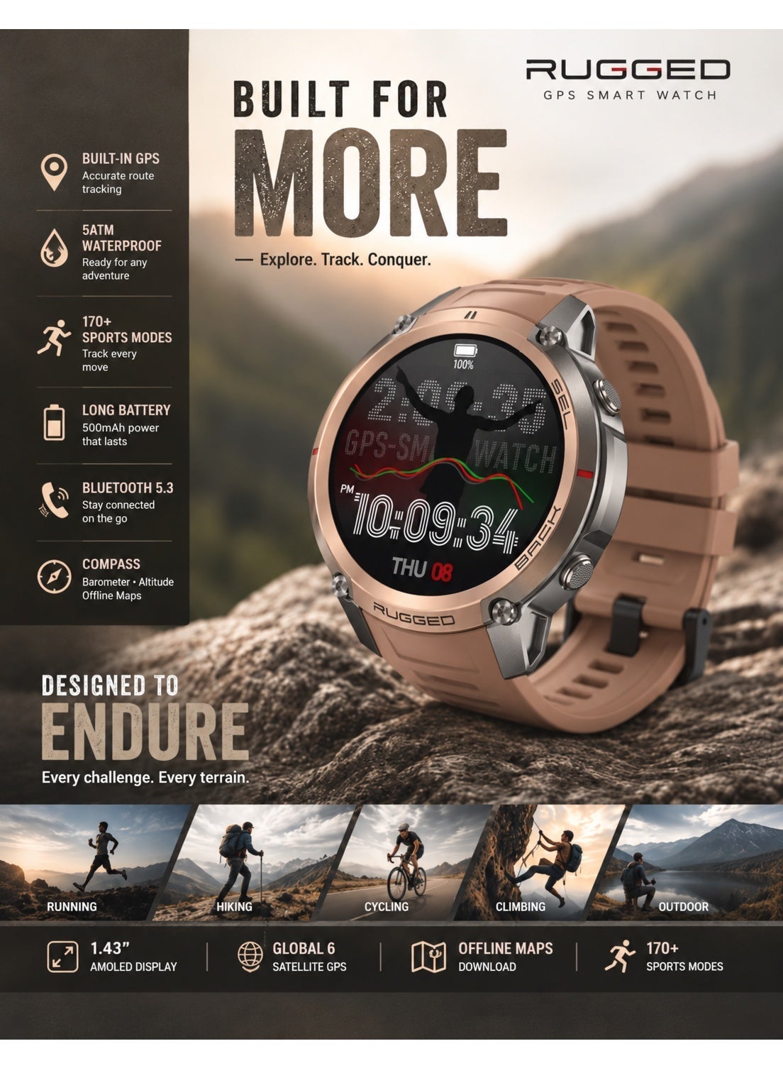 Rugged GPS Smart Watch for Men, 1.43