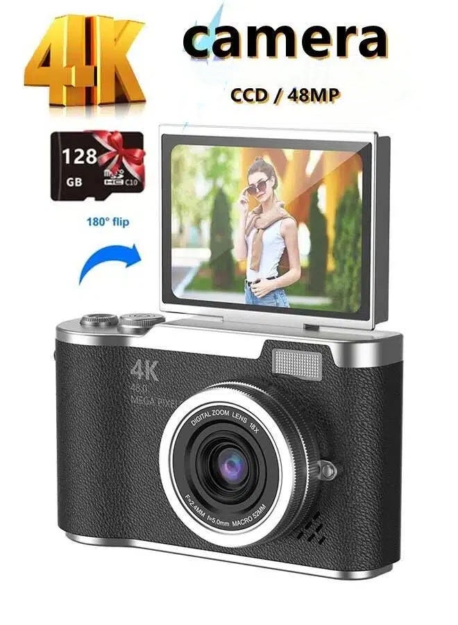 Compare 4K Digital Camera 48MP, Portable Point and Shoot Camera with 180° Flip Screen, 8X Digital Zoom, Builtin Flash, Selfie Camera for Students, Kids, Teens & Travel, with 128GB SD Card at KSA Price