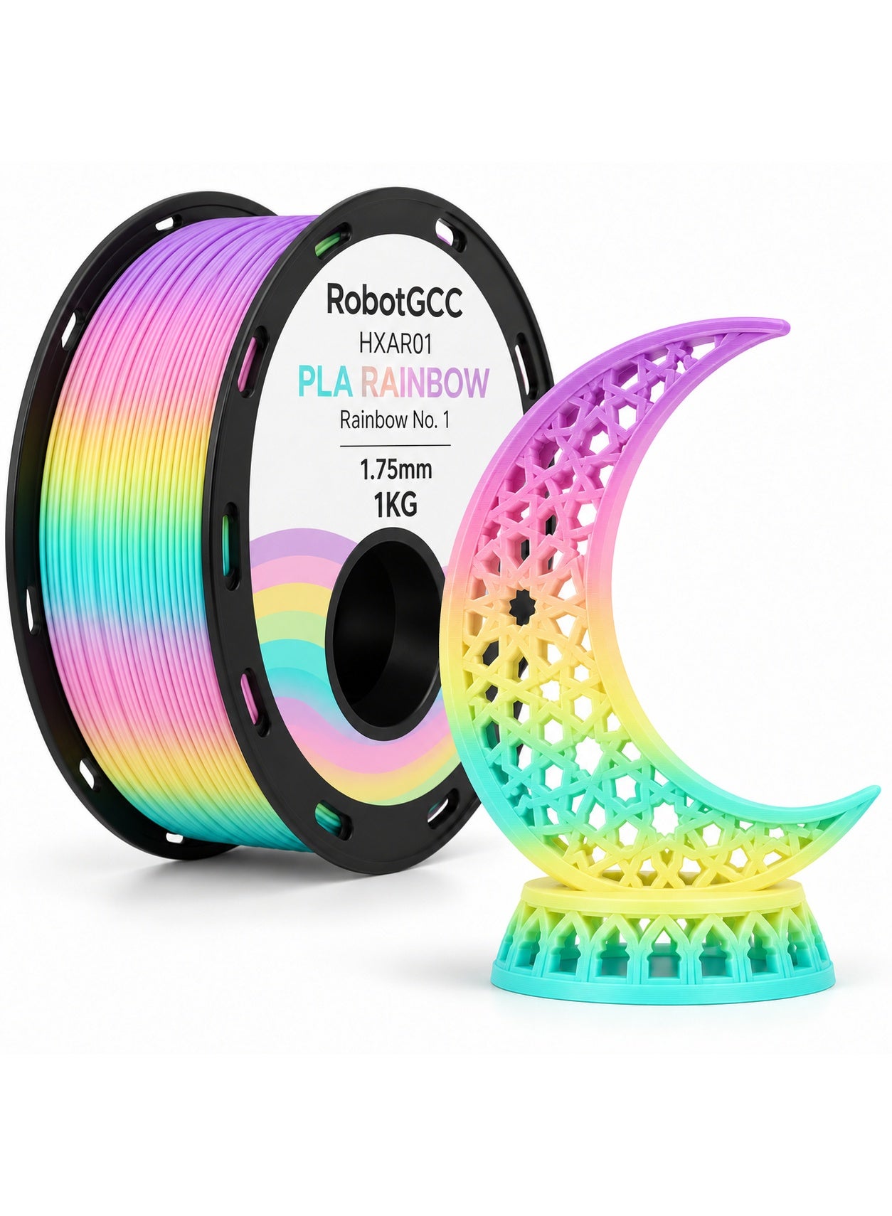 Compare RobotGCC Rainbow No.1 Multicolor Gradient PLA 3D Printer Filament 1.75mm 1KG, FullSpectrum Rainbow Progression, Smooth FDM Printing for Large Vases and Display Models at KSA Price