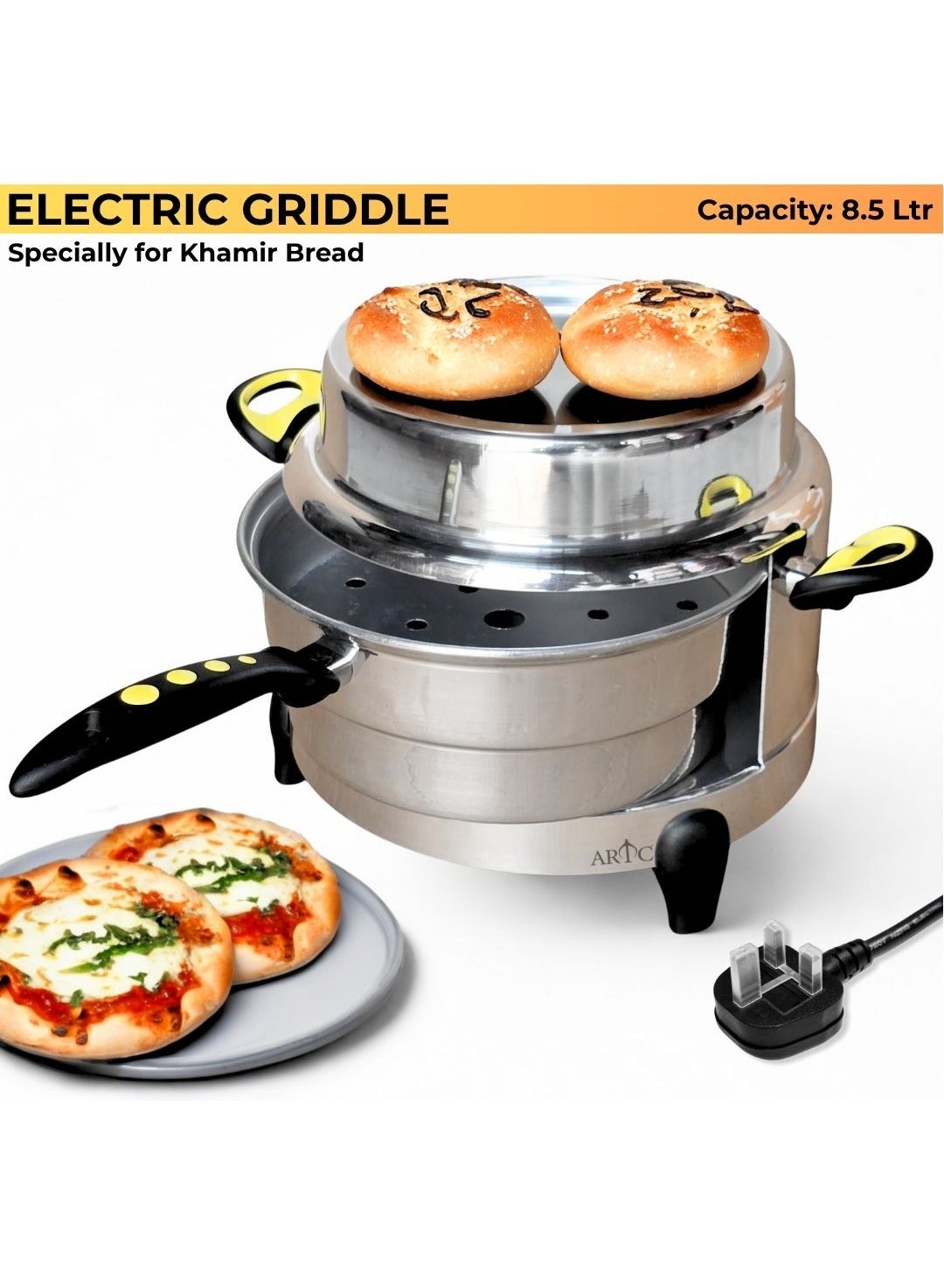 Compare ARTC 1400W MultiPurpose Electric Griddle Oven, Bread Maker & Pizza Maker with 3 Legs for Arabic Khamir Bread, Lebanese Bread, Fatayer, Pita, Mini Pizza | 30cm Top Baking Area, Heavy Duty 8.5L 99% Pure Certified Aluminum with Italian Heating Element, Safe 3Pin Cable, 1Year Warranty | For Home, Restaurants, Cafes, Bakeries, Kitchens & More at KSA Price