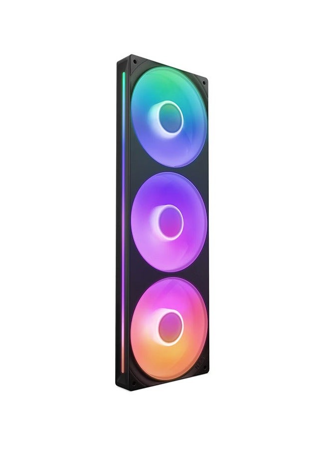Compare F360 RGB Core 360mm SingleFrame Triple Fan Unit, 3x120mm PWM ARGB Fans, Fluid Dynamic Bearings, 8 Addressable RGB LEDs per Fan, AntiVibration Corners, 8Pin Connector with Splitter for 5V ARGB, CAM Software & Motherboard Sync Compatible, Black | RFU36HFB1 at KSA Price