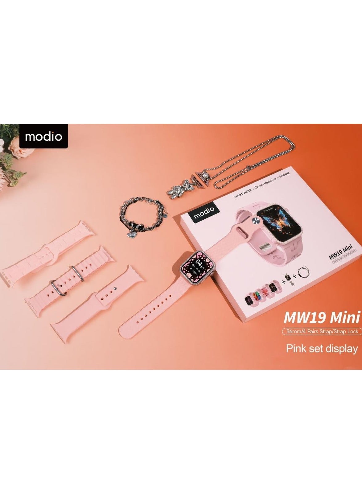 Compare MODIO MW19 Mini Smartwatch Gift Set – Pink HD Display Smart Watch with Matching Charm Necklace & Bracelet for Women at KSA Price