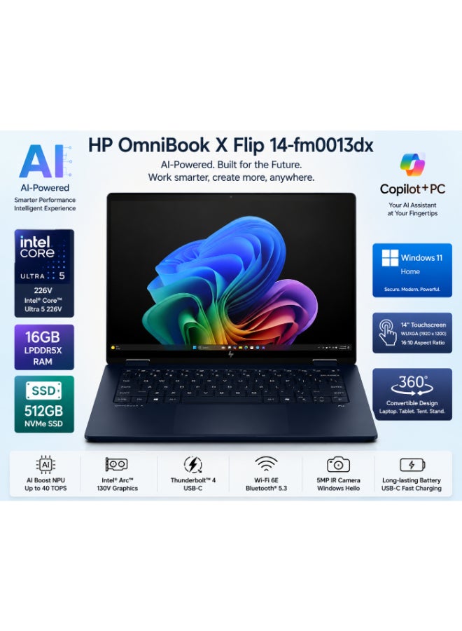 Compare HP OmniBook X Flip 14fm0013dx 2in1 Convertible Laptop 2025 – 14 2K Display, Touchscreen, Intel® Core™ Ultra 5 226V, 16GB LPDDR5X RAM, 512GB PCIe SSD, Intel® Arc™ 130V Graphics, Windows 11 Home, Backlit English Keyboard, Atmospheric Blue – International Version English Atmospheric Blue at KSA Price