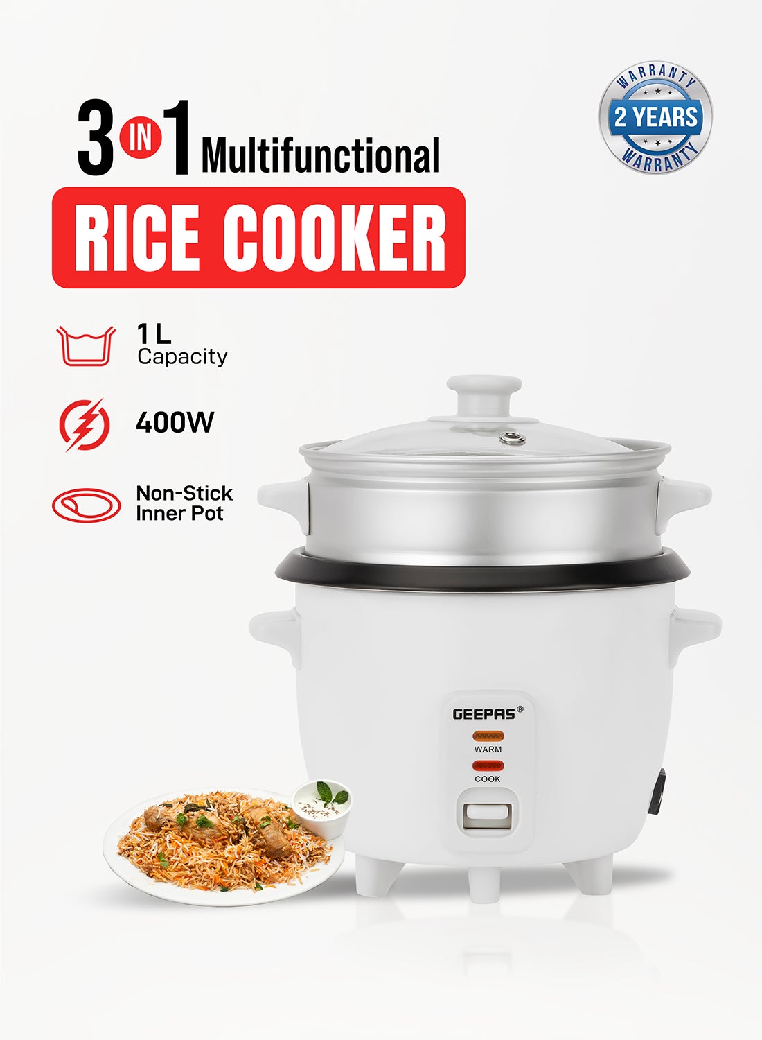 Compare Multifunction Rice Cooker Includes Cook & Keep Warm Functions With Tempered Glass Lid, Aluminum Inner Steamer Removable NonStick PotCool Touch HandleDurable Construction 1 L 400 W GRC4325H White at KSA Price