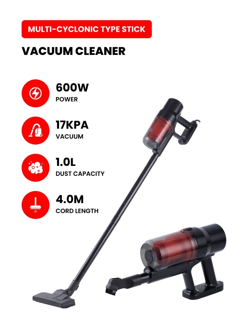 Compare MultiCyclonic Stick Vacuum Cleaner | 600W Power | Lightweight Design | Washable Filter | Transparent 1.0L Dust Tank | Power Control on Body | OG700SV | Black & Red at KSA Price