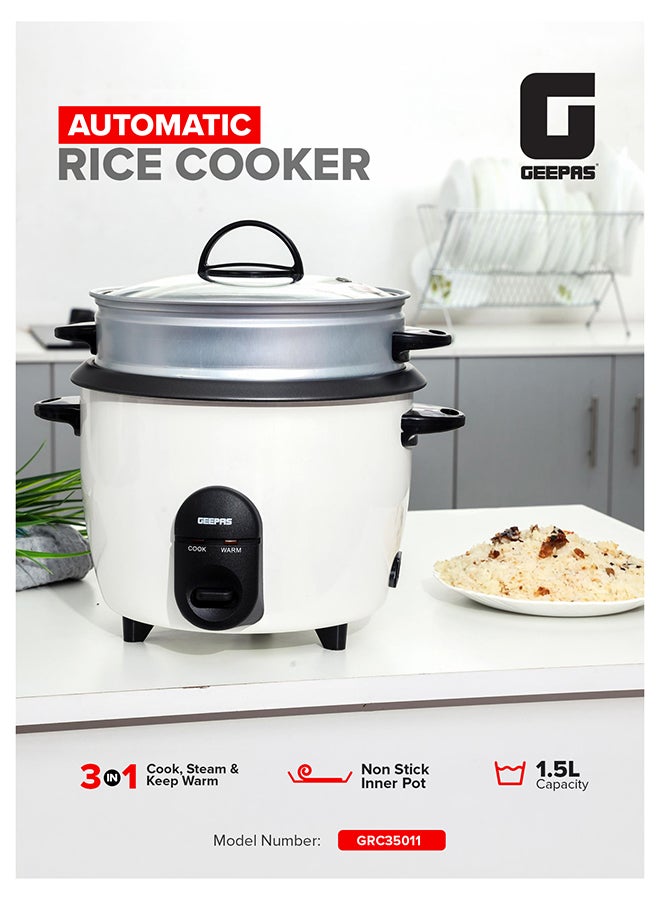 Compare Automatic Rice Cooker  Steam Vent Lid & Simple One Touch Operation |Make Rice, Steam Healthy Food & Vegetables, 3 In 1 Functions, Tempered Glass LID 1.5 L 500 W GRC35011 WhiteBlackClear at KSA Price