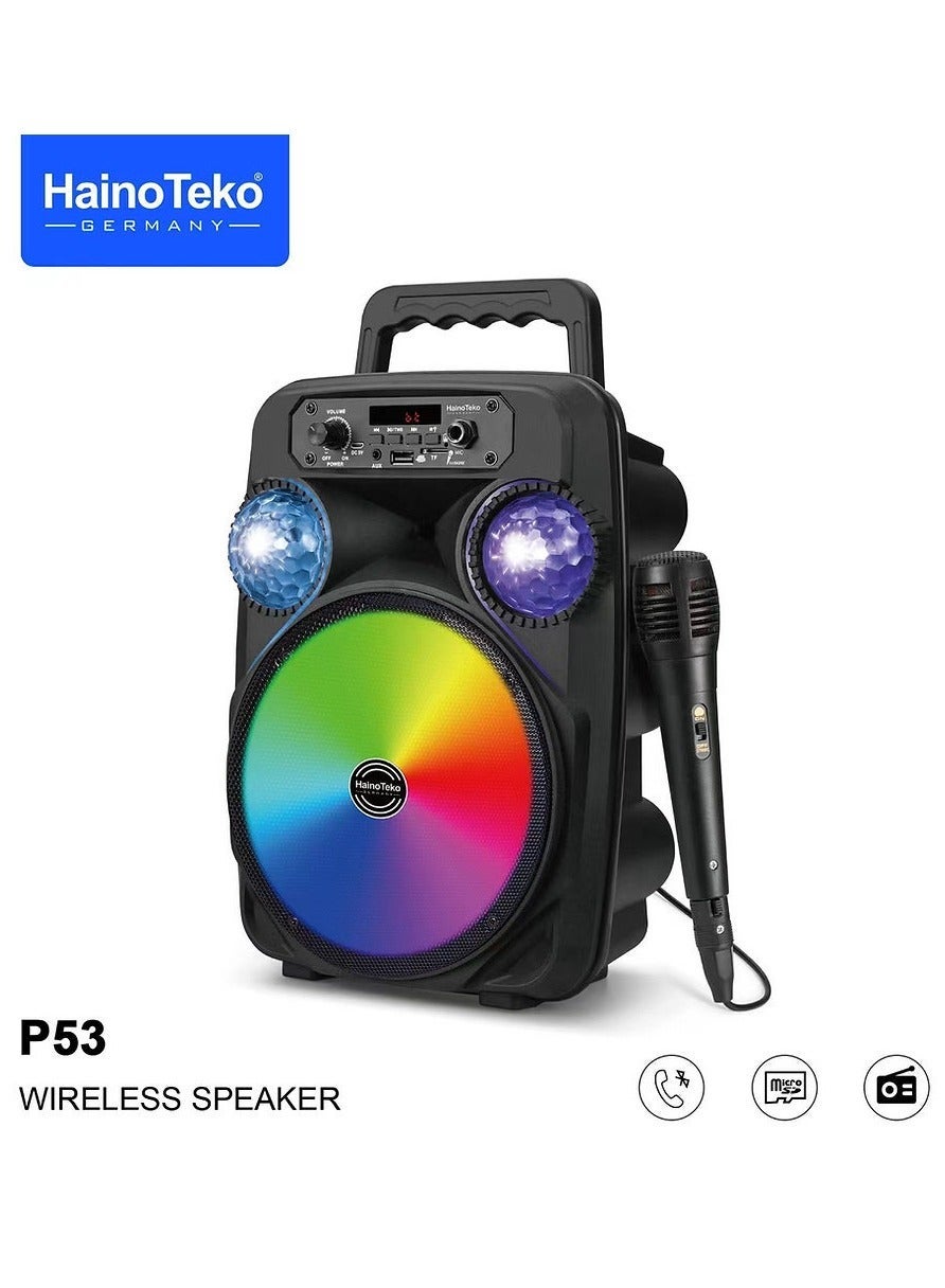 Compare Haino Teko P53 Portable Wireless Speaker with Microphone, RGB Light Effects, Powerful Bass, Compact Bluetooth Speaker for Home, Travel, Outdoor & Party Use – Black at KSA Price