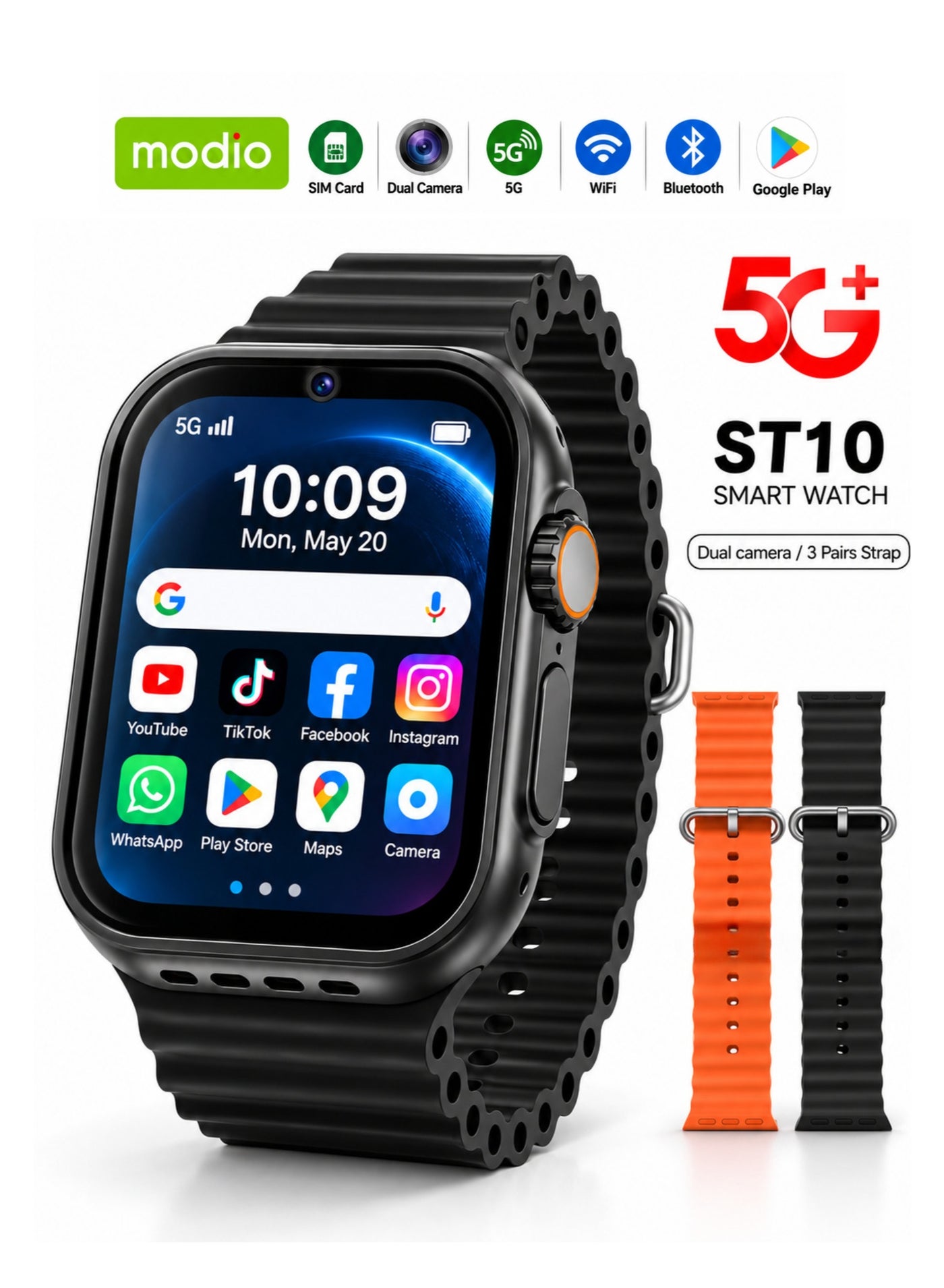 Compare 5G Android Smart Watch with SIM Slot, Dual Camera, GPS, WiFi, 2.2Inch Display & 3 Straps, ST10 – Black at KSA Price