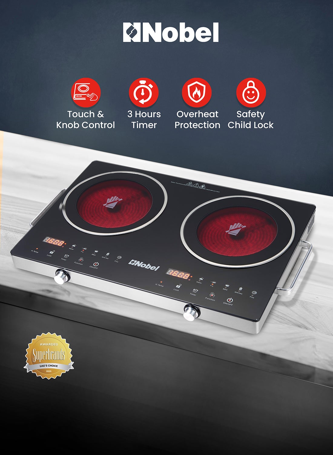 Compare Double Ring Infrared Cooker, Touch & Knob Control, Tempered Glass Panel, Residual Heat Indicator, Stainless Steel Body NIC20I Black at KSA Price