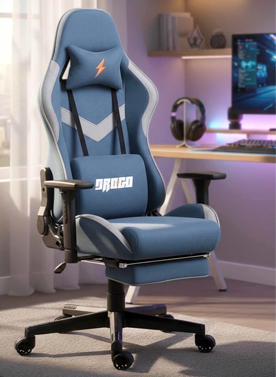 Compare Ergonomic Gaming Chair with Adjustable Seat, 3D Armrest, Fabric Material, Computer Chair with Head & Massager Lumbar Pillow Video Games Chair Home Office Chair with Recline Back Footrest Blue at KSA Price