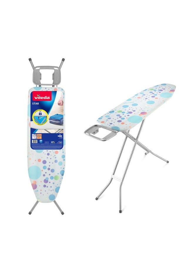 Compare Vileda Star Ironing Board Blue Medium – 120 x 38 cm Iron Board with Dual Layer 100% Cotton Cover + Foam, Adjustable Height up to 96 cm, Stable Steel Frame, NonSlip Feet, KidSafe Pull & Lift Lock at KSA Price
