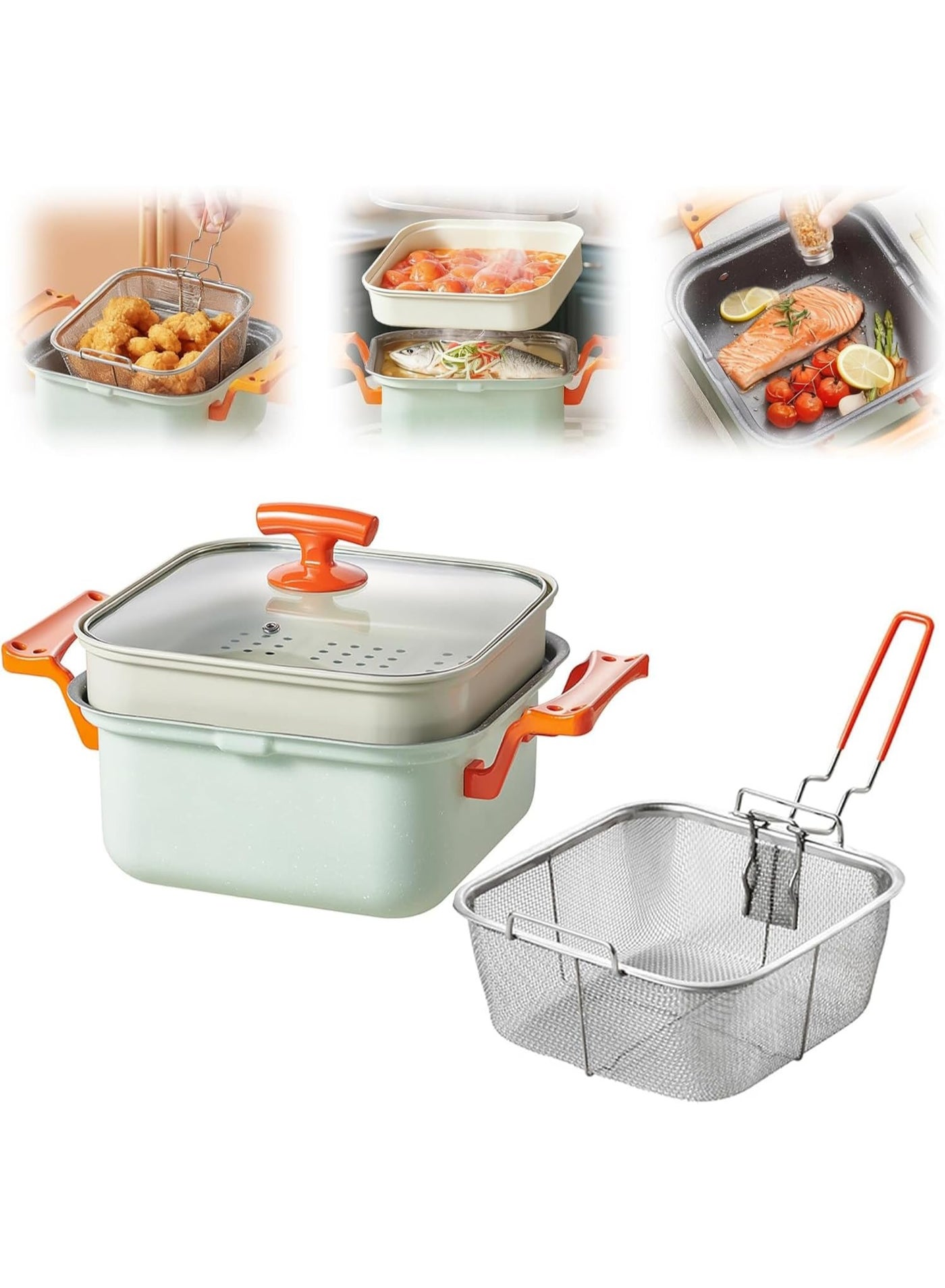 Compare Deep Fryer & Steamer Pot  Nonstick Maifan Stone Coating, Fry, Steam, Sauté & Braise, EasyClean, 4.5L152oz Capacity with Glass Lid, Metal Steamer Rack, and Stainless Steel Fry Basket at KSA Price