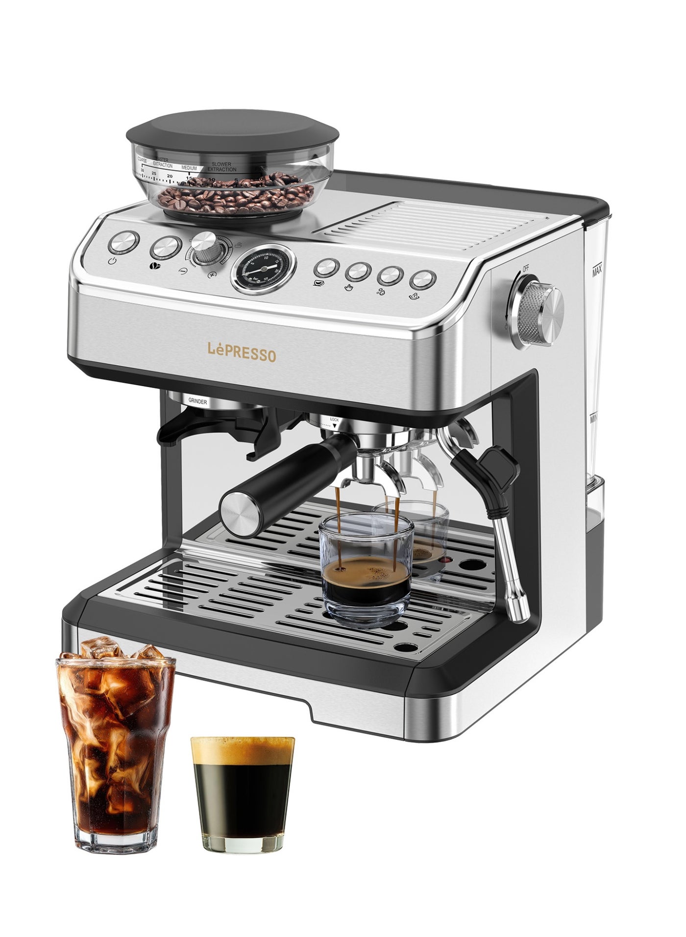 Compare Dual Boiler Coffee Machine with Conical Adjustable Grinder and Steamer 20 Bar Espresso Maker with Milk Frother  Automatic Shutdown Coffee Maker  Hot Water Dispenser Espresso Maker  Water Tank Capacity  Silver at KSA Price
