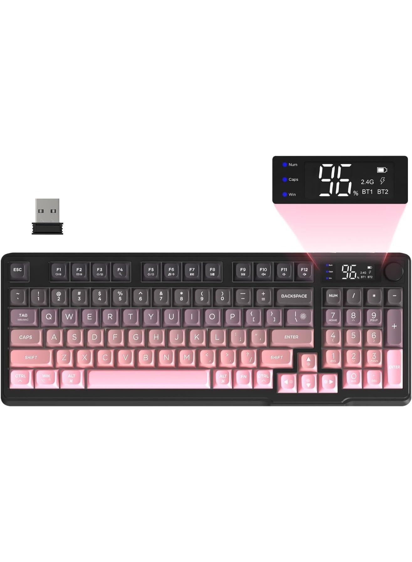 Compare M96 Wireless Gaming Keyboard Creamy Membrane with Rainbow Backlight,Media Knob,LCD Screen,Dual ModeBluetooth2.4Ghz,Ball Shape PBT Keycap 94 Key ANSI Layout for Win Mac PC GamerBlackBerry at KSA Price