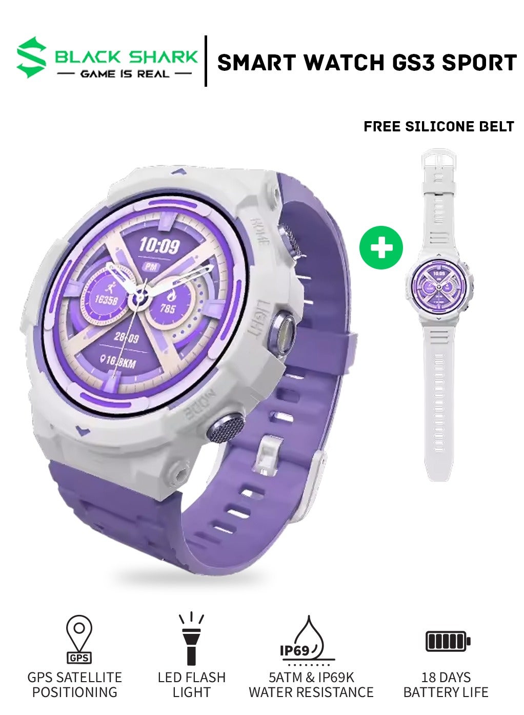 Compare GS3 Sports Smartwatch, Two Dual Tone Straps, 1.43’’ AMOLED Display, LED Flashlight, 18 Days Long Battery Life, 5ATM Water Resistance. 120 Sport Modes, Builtin GPS,  Health Tracking Watch   PurpleWhite at KSA Price