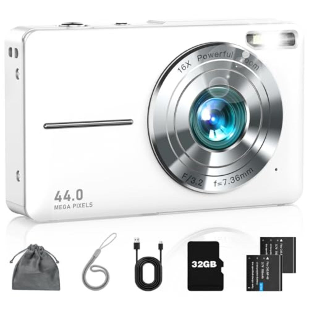 Compare Digital Camera, FHD 1080P Camera w 32GB Card, 2 Batteries, Lanyard, 16X Zoom Anti Shake, 44MP Compact Portable Small Point and Shoot Cameras Gift Student Teens Girl BoyAA at KSA Price