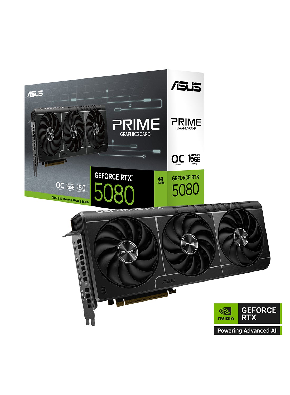 Compare Prime GeForce RTX 5080 OC Edition 16GB GDDR7 Graphics Card, PCIe 5.0, 10752 CUDA Cores, 30Gbps Memory Speed, HDMI 2.1b, DisplayPort 2.1b, 4 Display Support, 850W PSU Recommended, 16pin Power Connector, 2.5 Slot, 8K Resolution, Speedsetup Manual & Accessories Included Black at KSA Price