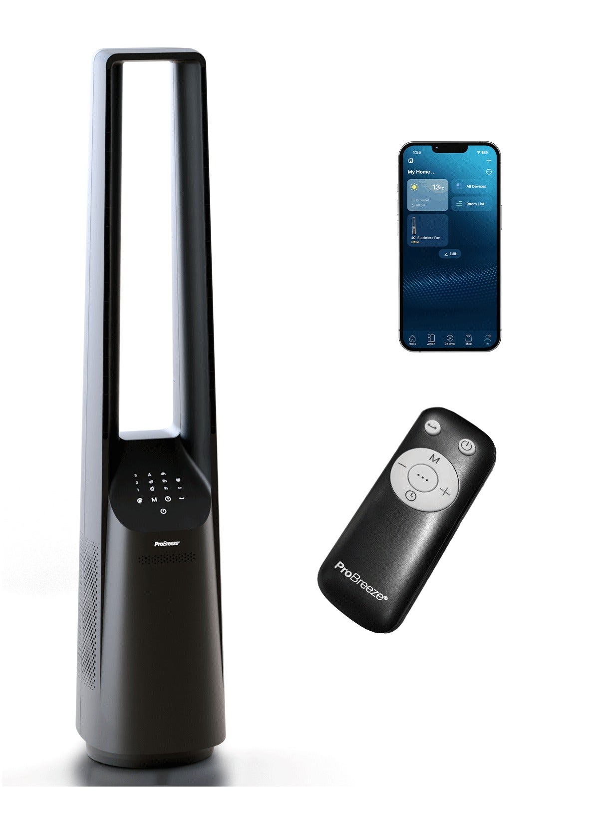Compare 40 Inch Smart Bladeless Tower Fan with Dc Motor , Ultra Quiet Air Circulator W Ith Remote Control, Led Display, 6 Speeds, 5 Operation Modes, 60 Degree Oscillation Black at KSA Price