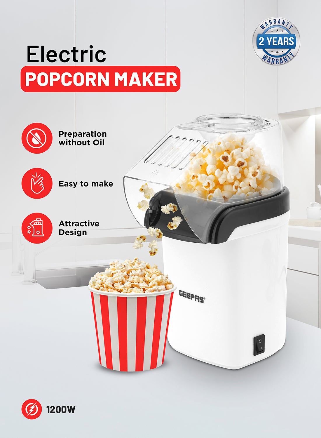 Compare Electric Popcorn Maker| OnOff Switch | OilFree Popcorn Popper | Makes Hot, Fresh, Healthy and FatFree Theatre Style Popcorn Anytime 1200 W GPM840 White at KSA Price
