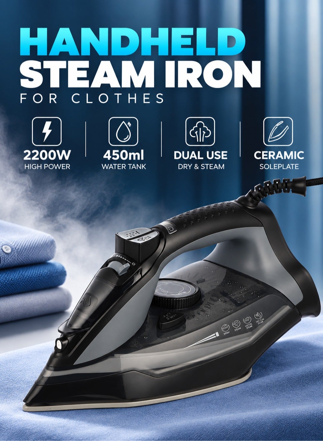 2200W Handheld Steam Iron for Clothes, 450ml Ceramic…
