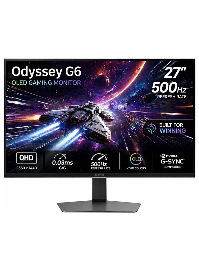 Compare 27 inch Odyssey G6 OLED Gaming 500hz monitor with QHD 2560x1440, 0.03 ms GTG response time, HDR10+, FreeSync Premium Pro, GSync compatible, USB 3.2 Gen1, DisplayPort 1.4, HDMI 2.1. G60SF LS27FG602SMXUE Silver at KSA Price