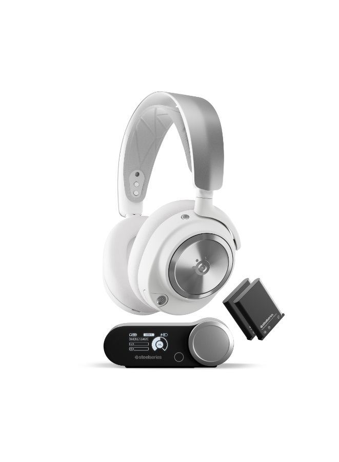 Compare SteelSeries Arctis Nova Pro Wireless MultiSystem Gaming Headset, 40mm Neodymium Drivers, ClearCast Gen2 Retractable Mic, Active Noise Cancellation, 360° Spatial Audio, PC & PS5, White | 61524 at KSA Price