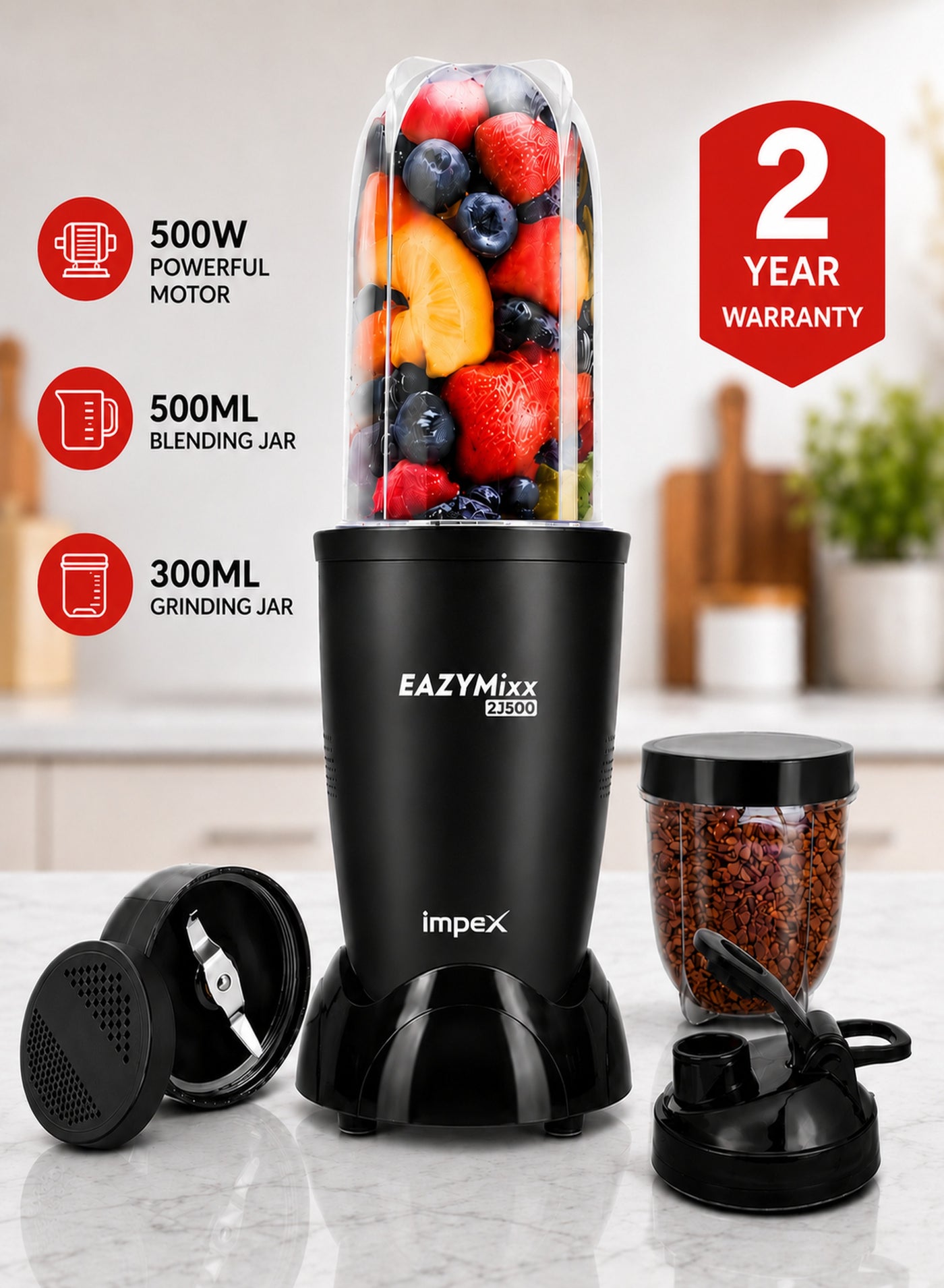 Compare 2 Jar 500W Sports Blender Mixer Grinder for Smoothies, Protein Shakes, Juices & Grinding, Powerful Copper Motor, 22000 RPM High Speed Blender, Stainless Steel Blades, MultiPurpose Portable Jars 500ml + 300ml, Virgin ABS Body, 2 Year Warranty  EAZYMIXX2J500, Black 500 ml 500 W EAZYMIXX2J500 black at KSA Price